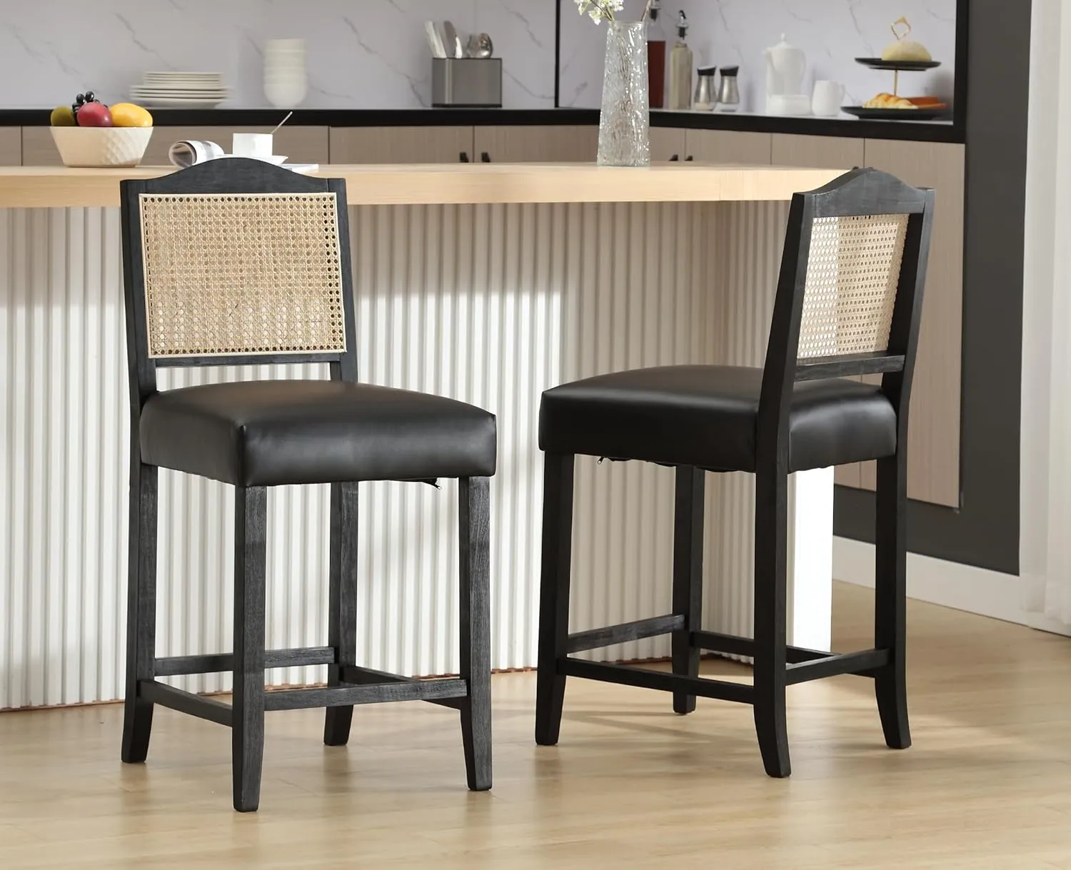 EALSON Counter Height Bar Stools Set of 2 Farmhouse Barstools with Rattan Back Comfortable Leather Upholstered Bar Chairs Mid Century Wood Breakfast Bar Stool Chairs for Kitchen Island, Black 26 Inch