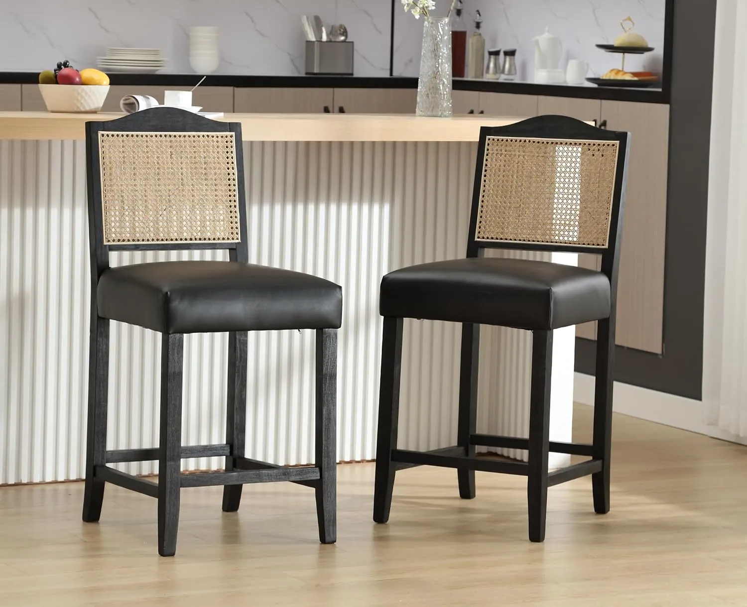 EALSON Counter Height Bar Stools Set of 2 Farmhouse Barstools with Rattan Back Comfortable Leather Upholstered Bar Chairs Mid Century Wood Breakfast Bar Stool Chairs for Kitchen Island, Black 26 Inch