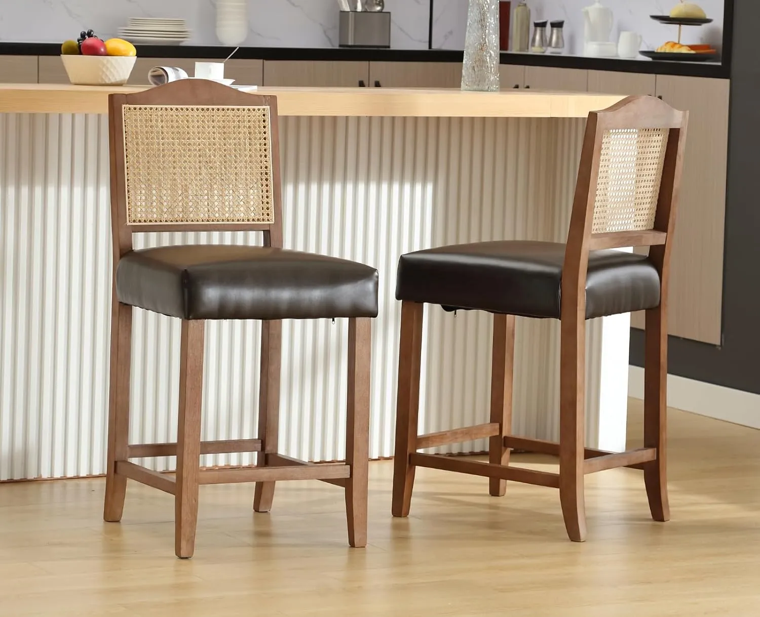 EALSON Counter Height Bar Stools Set of 2 Farmhouse Barstools with Rattan Back Comfortable Leather Upholstered Bar Chairs Mid Century Wood Breakfast Bar Stool Chairs for Kitchen Island, Coffee