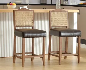 EALSON Counter Height Bar Stools Set of 2 Farmhouse Barstools with Rattan Back Comfortable Leather Upholstered Bar Chairs Mid Century Wood Breakfast Bar Stool Chairs for Kitchen Island, Coffee