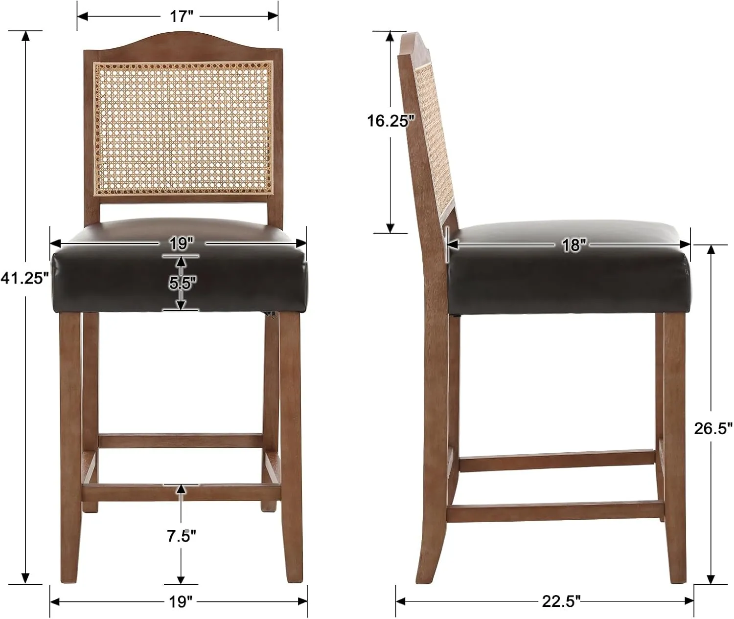 EALSON Counter Height Bar Stools Set of 2 Farmhouse Barstools with Rattan Back Comfortable Leather Upholstered Bar Chairs Mid Century Wood Breakfast Bar Stool Chairs for Kitchen Island, Coffee