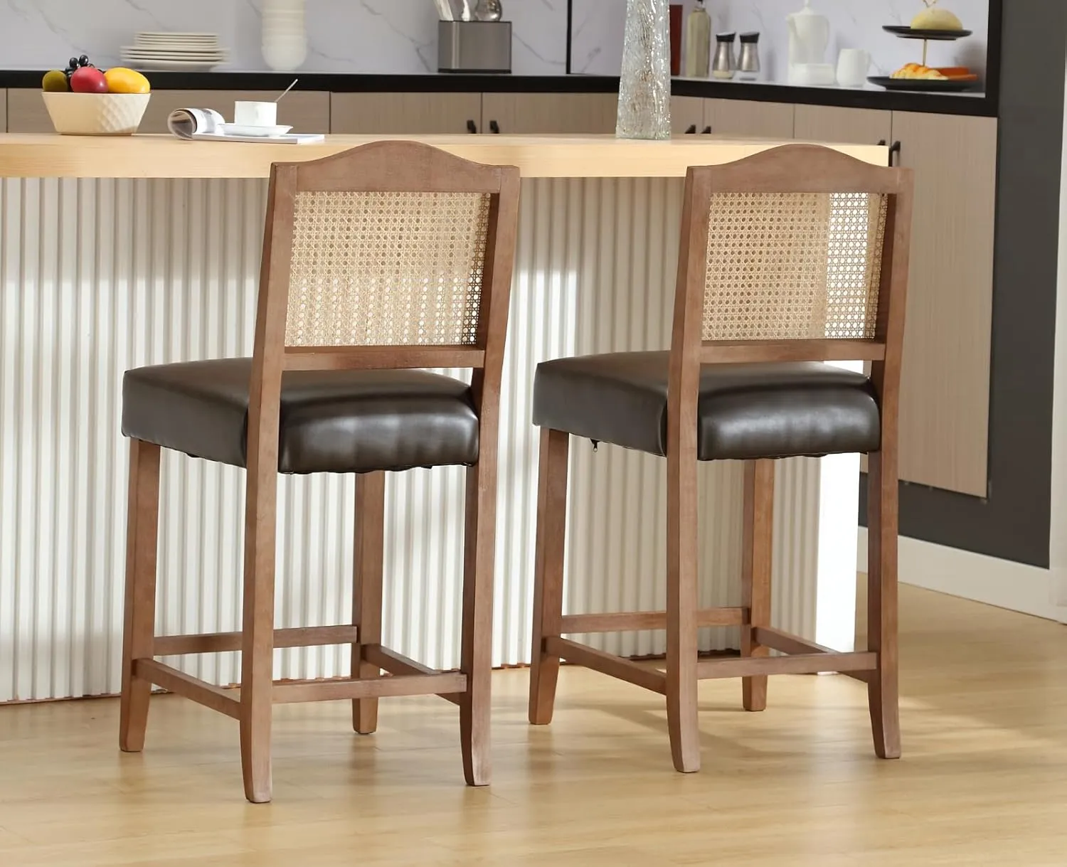EALSON Counter Height Bar Stools Set of 2 Farmhouse Barstools with Rattan Back Comfortable Leather Upholstered Bar Chairs Mid Century Wood Breakfast Bar Stool Chairs for Kitchen Island, Coffee