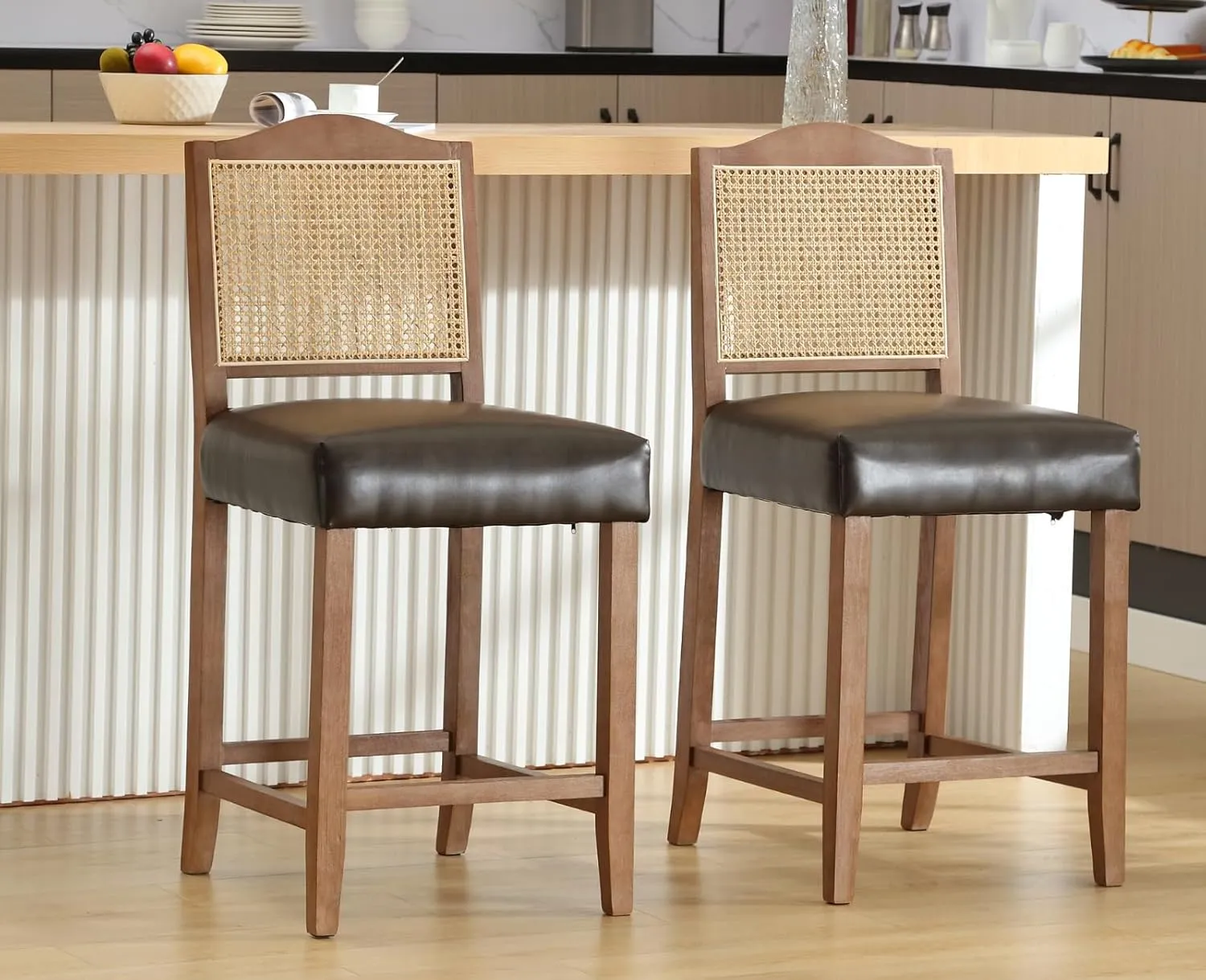 EALSON Counter Height Bar Stools Set of 2 Farmhouse Barstools with Rattan Back Comfortable Leather Upholstered Bar Chairs Mid Century Wood Breakfast Bar Stool Chairs for Kitchen Island, Coffee