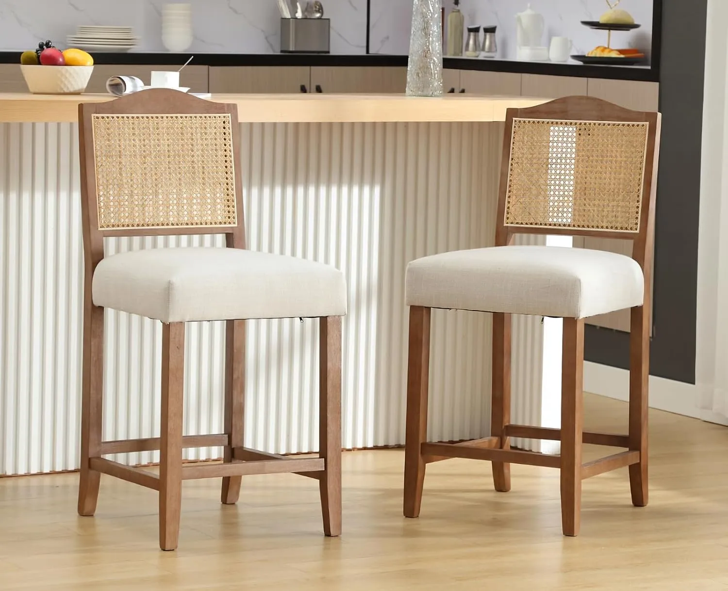 EALSON Counter Height Bar Stools Set of 2 Farmhouse Barstools with Rattan Back Comfortable Upholstered Bar Chairs Mid Century Wood Breakfast Counter Stools for Kitchen Island, Linen Beige