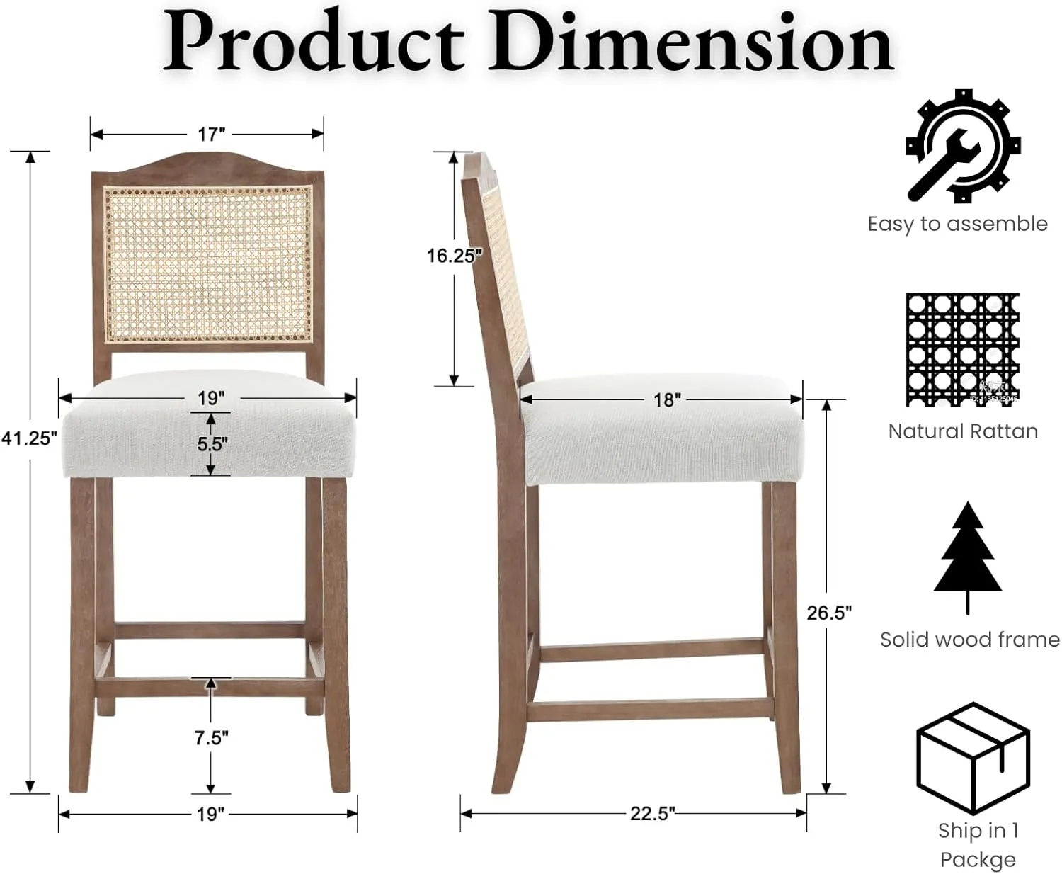 EALSON Counter Height Bar Stools Set of 2 Farmhouse Barstools with Rattan Back Comfortable Upholstered Bar Chairs Mid Century Wood Breakfast Counter Stools for Kitchen Island, Linen Beige