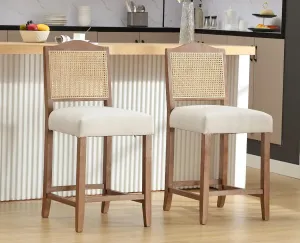 EALSON Counter Height Bar Stools Set of 2 Farmhouse Barstools with Rattan Back Comfortable Upholstered Bar Chairs Mid Century Wood Breakfast Counter Stools for Kitchen Island, Linen Beige