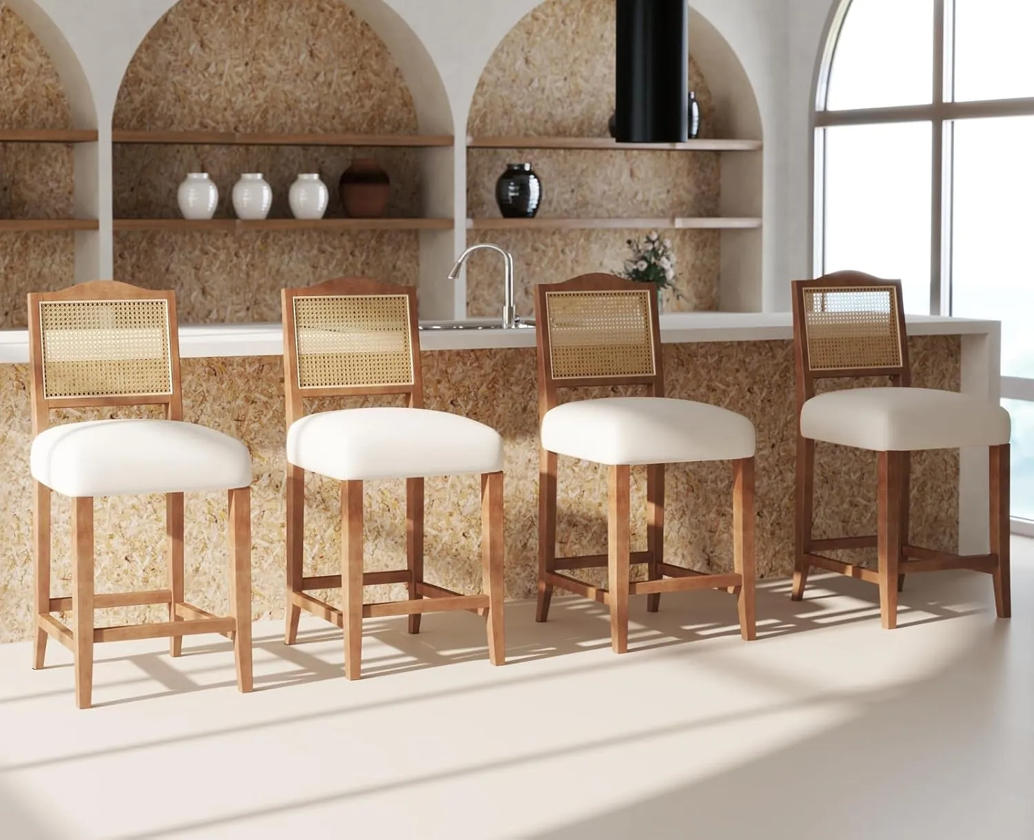 EALSON Counter Height Bar Stools Set of 2 Farmhouse Barstools with Rattan Back Comfortable Upholstered Bar Chairs Mid Century Wood Breakfast Counter Stools for Kitchen Island, Linen Beige