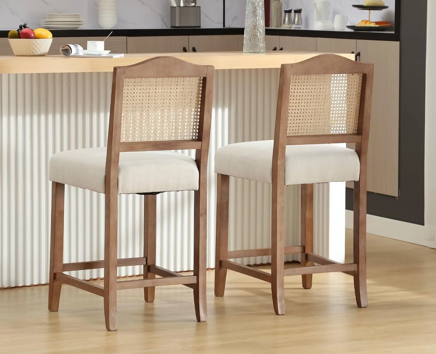 EALSON Counter Height Bar Stools Set of 2 Farmhouse Barstools with Rattan Back Comfortable Upholstered Bar Chairs Mid Century Wood Breakfast Counter Stools for Kitchen Island, Linen Beige
