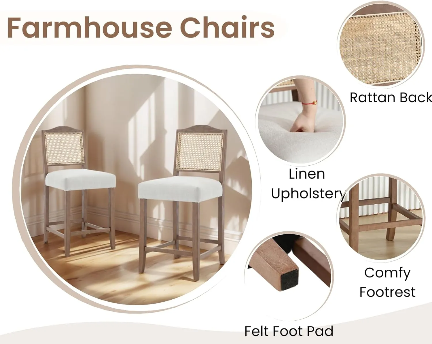 EALSON Counter Height Bar Stools Set of 2 Farmhouse Barstools with Rattan Back Comfortable Upholstered Bar Chairs Mid Century Wood Breakfast Counter Stools for Kitchen Island, Linen Beige