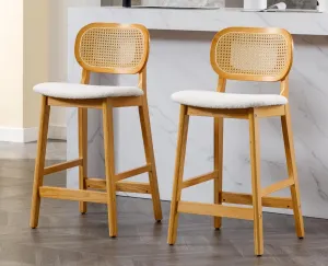 EALSON Counter Height Bar Stools Set of 2 Rattan Back Farmhouse Barstools Mid Century Modern Wood Bar Chairs Comfortable Sherpa Upholstered Kitchen Island Chairs for Pub/Breakfast Bar, Beige