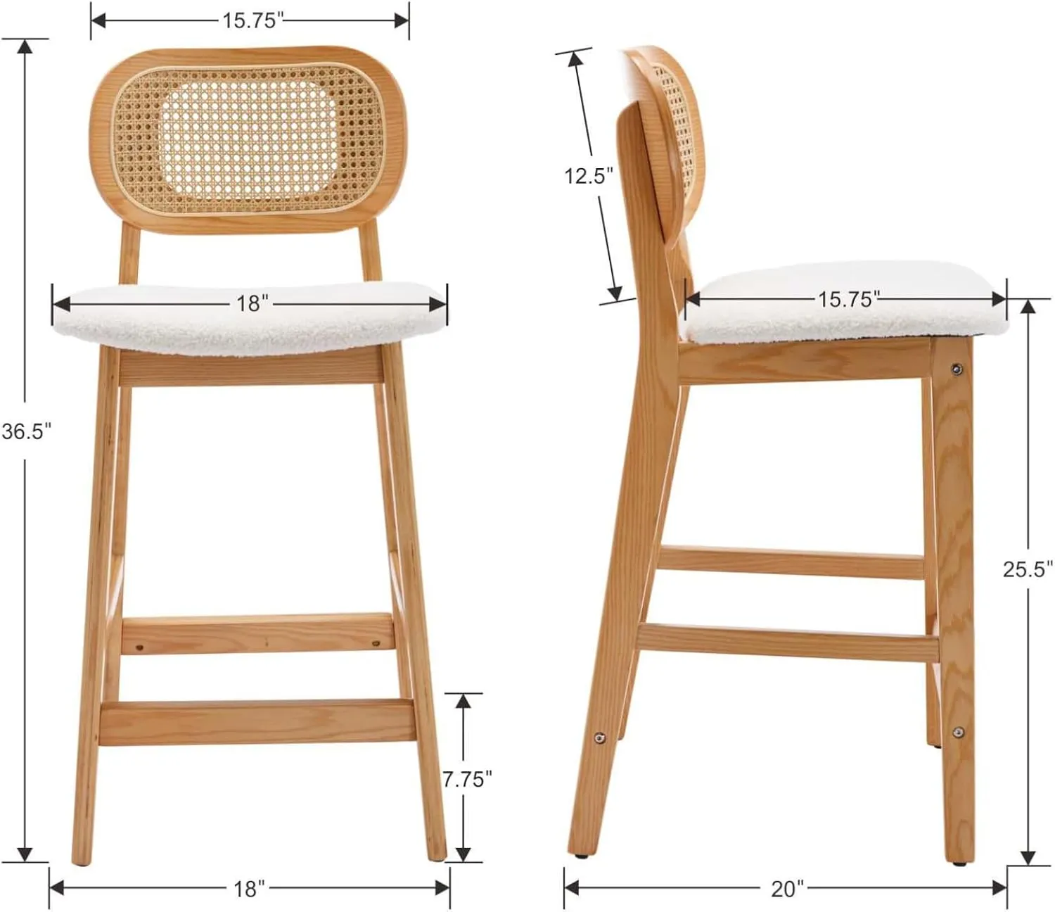 EALSON Counter Height Bar Stools Set of 2 Rattan Back Farmhouse Barstools Mid Century Modern Wood Bar Chairs Comfortable Sherpa Upholstered Kitchen Island Chairs for Pub/Breakfast Bar, Beige