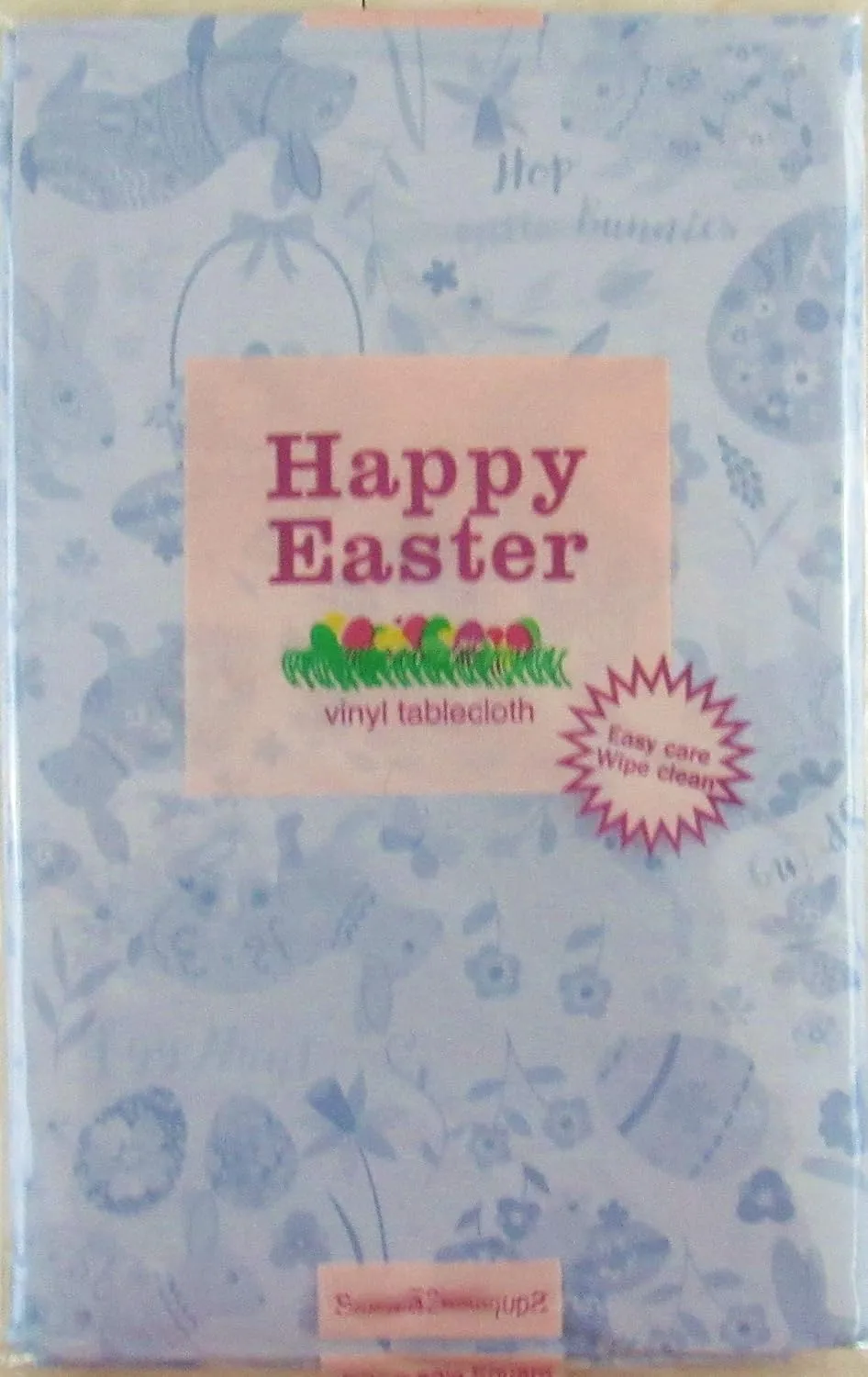 Easter Impressions - Bunnies, Baskets, Eggs, Butterflies and Flowers - Vinyl Flannel Back Tablecloth (52" x 52" Square, Blue)