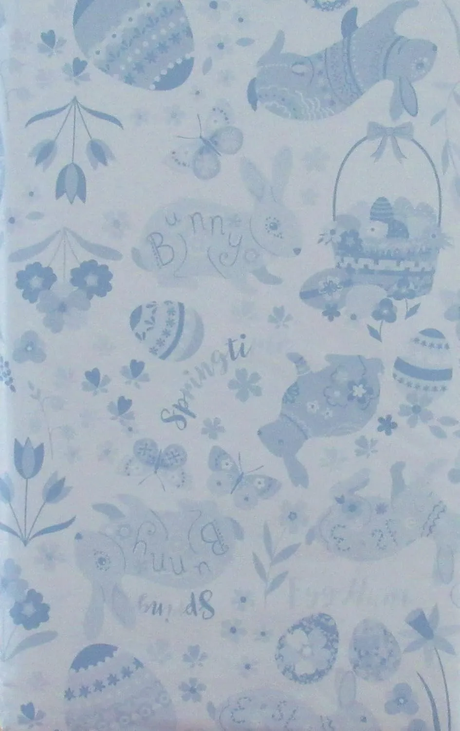 Easter Impressions - Bunnies, Baskets, Eggs, Butterflies and Flowers - Vinyl Flannel Back Tablecloth (52" x 52" Square, Blue)