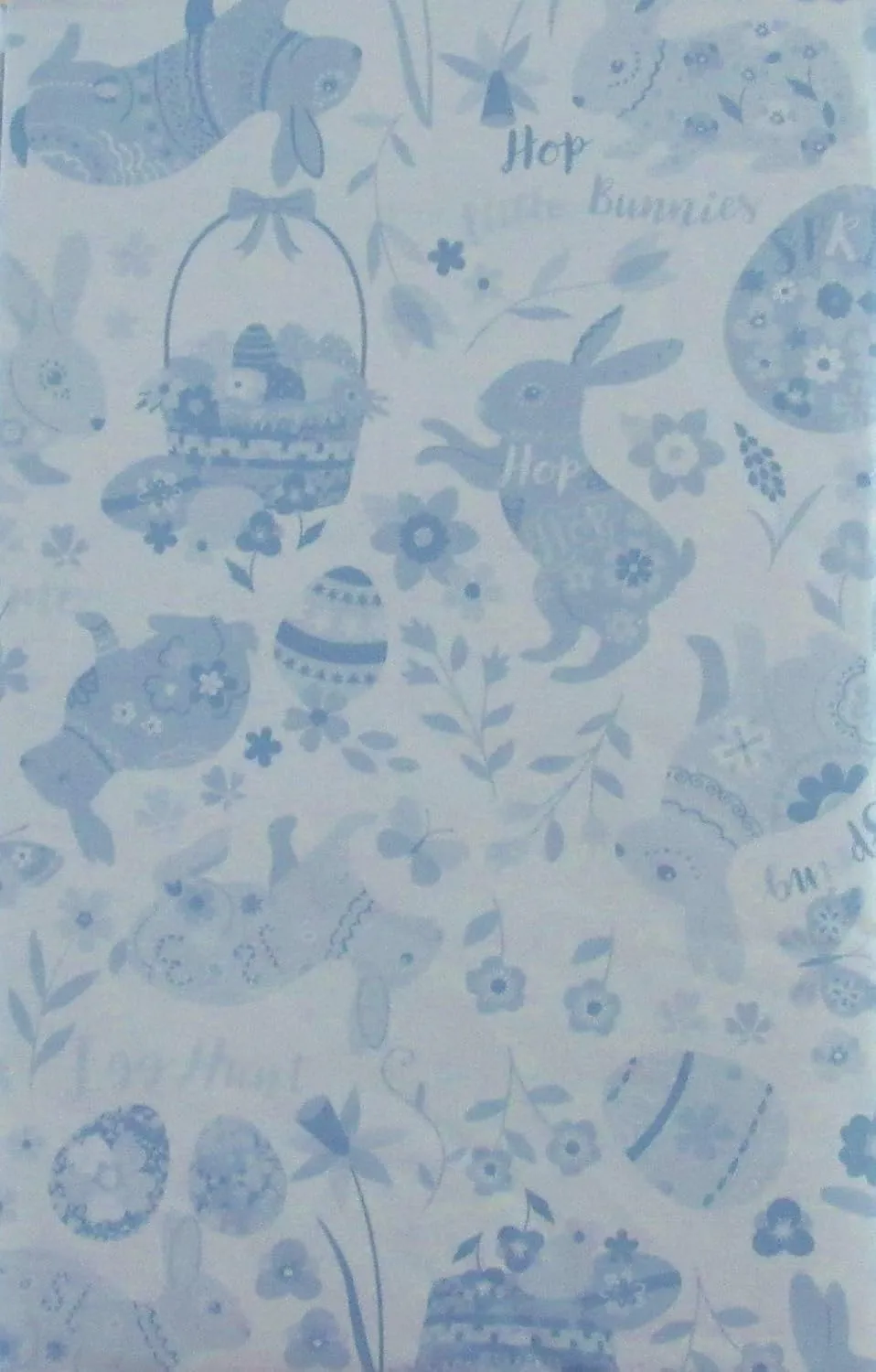 Easter Impressions - Bunnies, Baskets, Eggs, Butterflies and Flowers - Vinyl Flannel Back Tablecloth (52" x 52" Square, Blue)