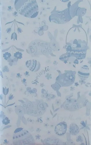 Easter Impressions - Bunnies, Baskets, Eggs, Butterflies and Flowers - Vinyl Flannel Back Tablecloth (52" x 52" Square, Blue)