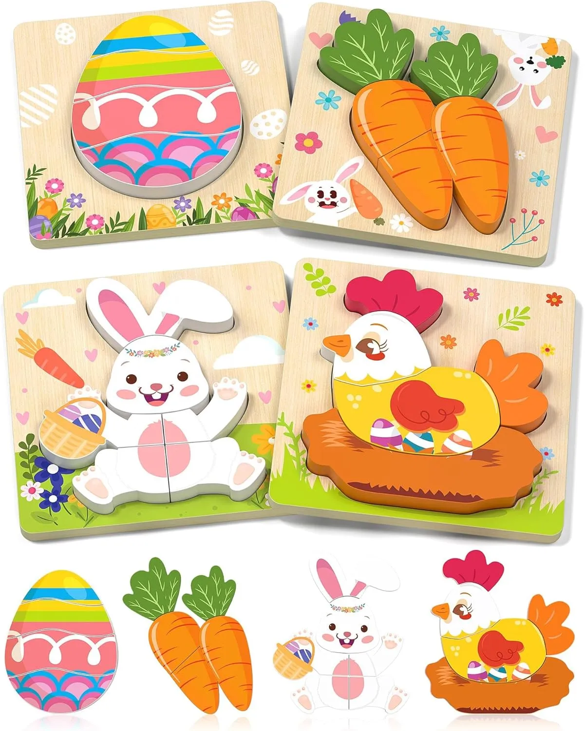 Easter Wooden Puzzles Toddler Toys, 4 Pack Party Favors Baskets Essentials Birthday Gifts Montessori Toys Easter Basket Stuffers Puzzles for Toddlers Kids Girls Boys