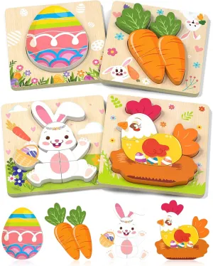 Easter Wooden Puzzles Toddler Toys, 4 Pack Party Favors Baskets Essentials Birthday Gifts Montessori Toys Easter Basket Stuffers Puzzles for Toddlers Kids Girls Boys