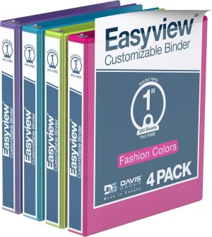 Easyview Premium 3-Ring Binders with Clear-View Covers and Round Rings, Binders for School or Office, 1 Inch, Pack of 4, Fashion Colors