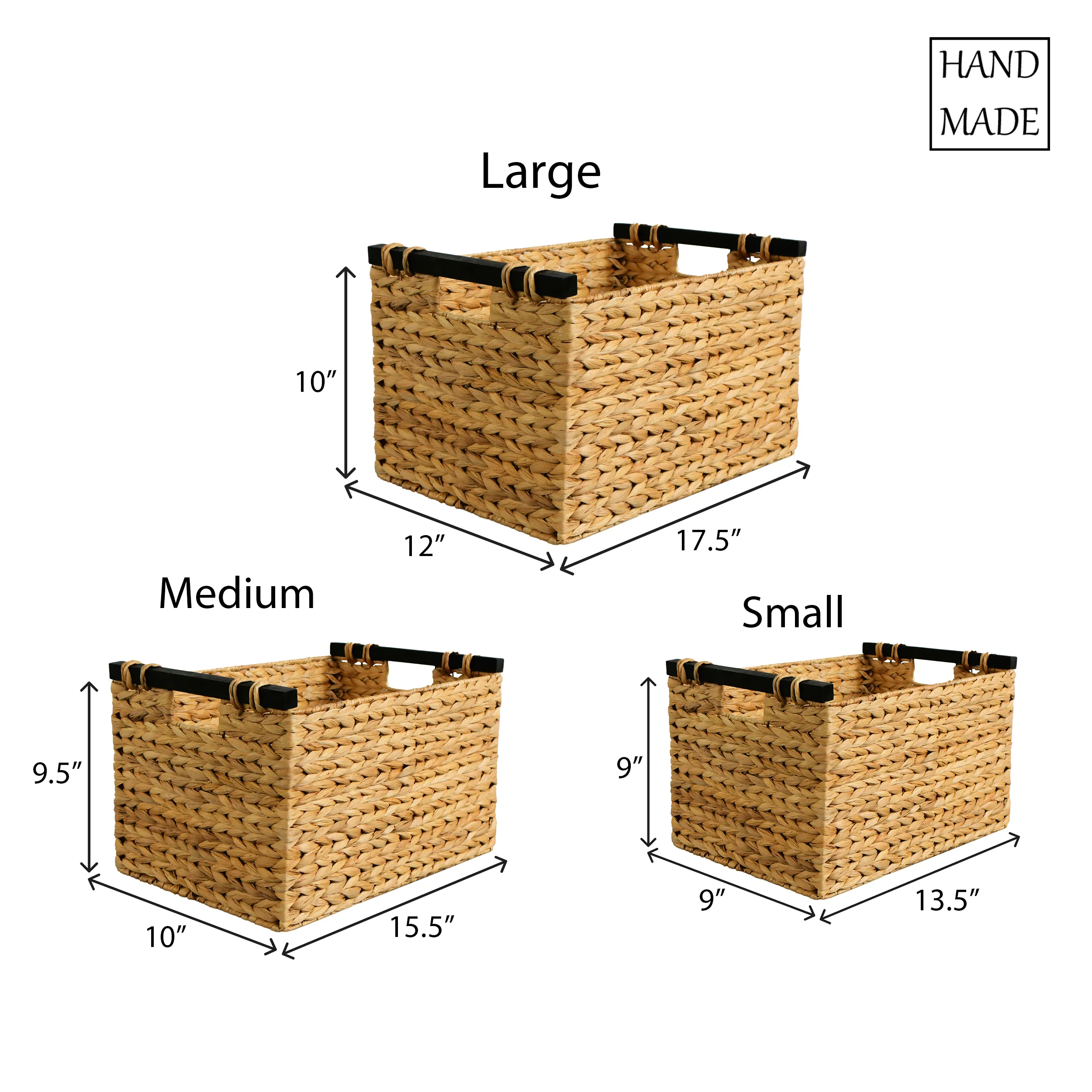Eden Grace Set of 3 Hand Woven Wicker Baskets with Black Wooden Handles and Arrow Weave - Rectangular