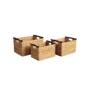 Eden Grace Set of 3 Hand Woven Wicker Baskets with Black Wooden Handles and Arrow Weave - Rectangular
