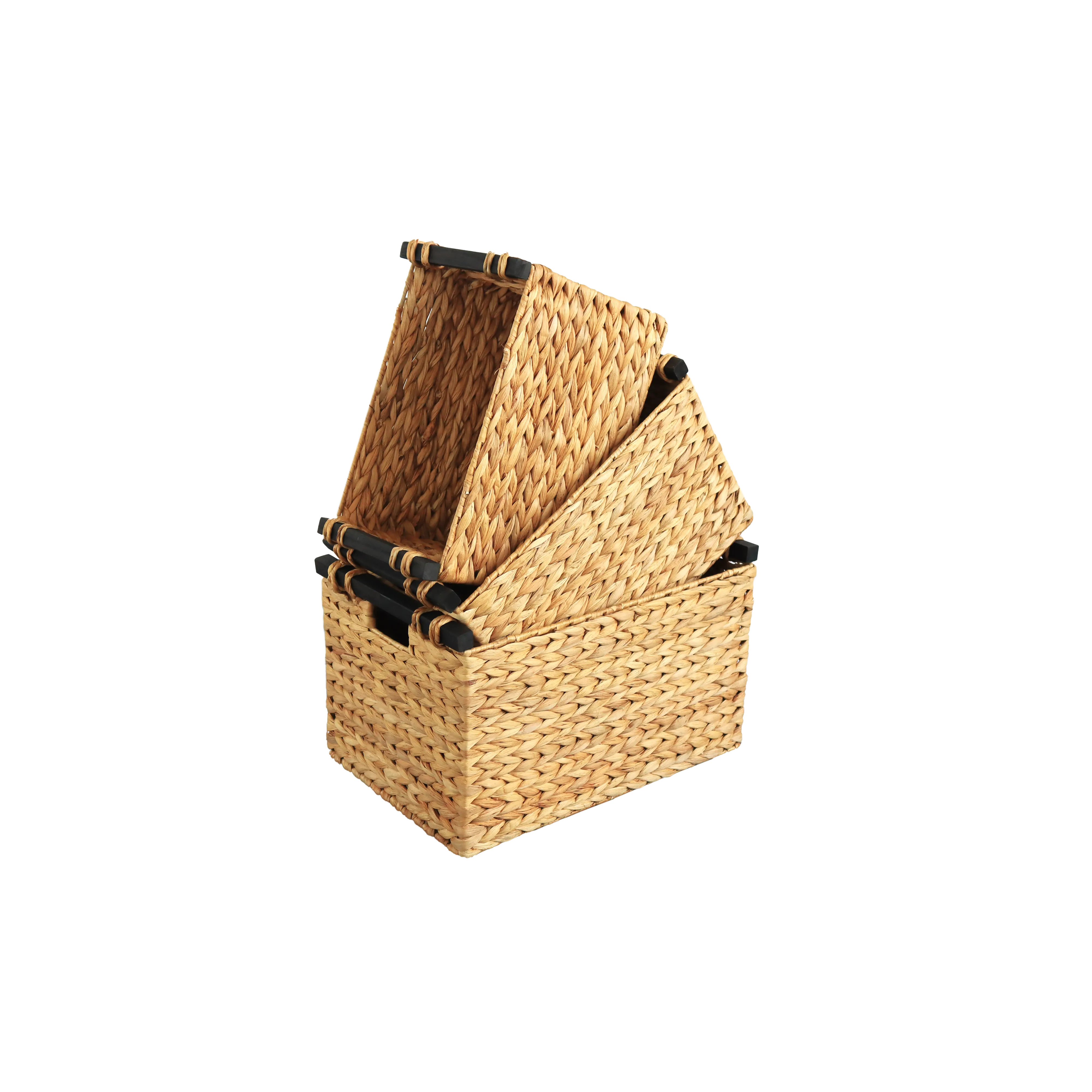 Eden Grace Set of 3 Hand Woven Wicker Baskets with Black Wooden Handles and Arrow Weave - Rectangular