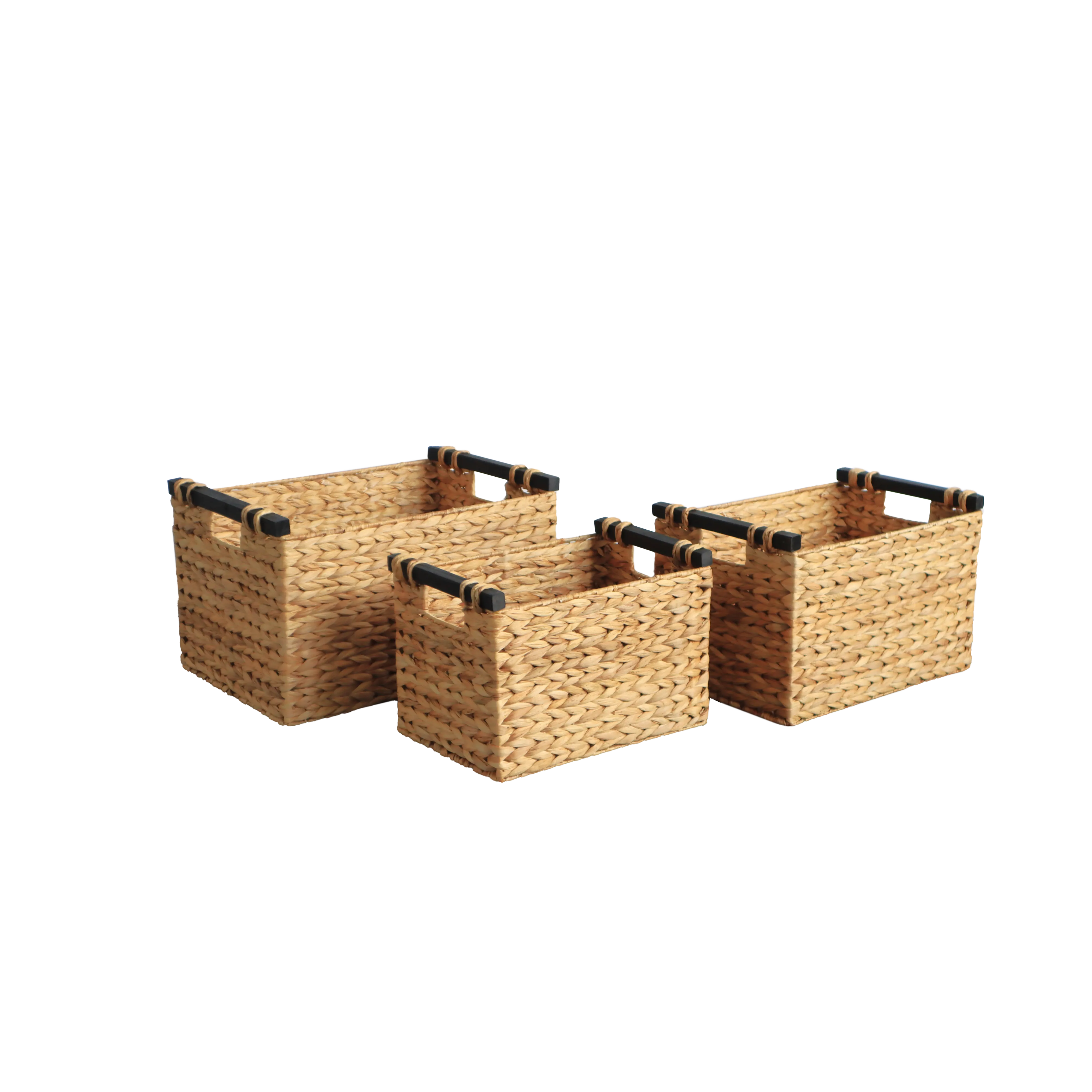 Eden Grace Set of 3 Hand Woven Wicker Baskets with Black Wooden Handles and Arrow Weave - Rectangular