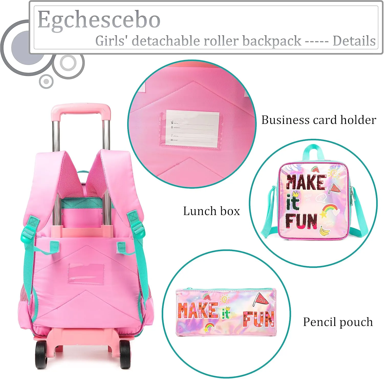 Egchescebo Kids Rolling Backpack for Girls Suitcases Trolley Backpacks with Wheels Roller Luggage Backpack on Wheels with Lunch Box Pencil Case for Elementary Girls Travel School Bag Aged 6-15 Red