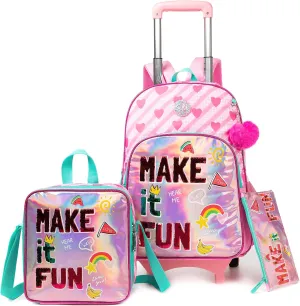 Egchescebo Kids Rolling Backpack for Girls Suitcases Trolley Backpacks with Wheels Roller Luggage Backpack on Wheels with Lunch Box Pencil Case for Elementary Girls Travel School Bag Aged 6-15 Red