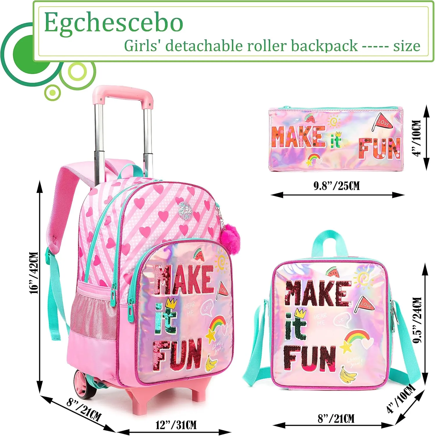 Egchescebo Kids Rolling Backpack for Girls Suitcases Trolley Backpacks with Wheels Roller Luggage Backpack on Wheels with Lunch Box Pencil Case for Elementary Girls Travel School Bag Aged 6-15 Red