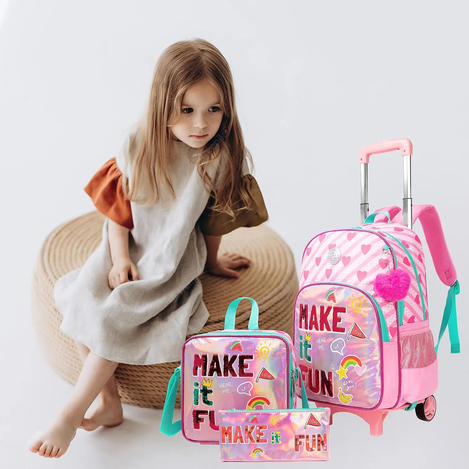 Egchescebo Kids Rolling Backpack for Girls Suitcases Trolley Backpacks with Wheels Roller Luggage Backpack on Wheels with Lunch Box Pencil Case for Elementary Girls Travel School Bag Aged 6-15 Red