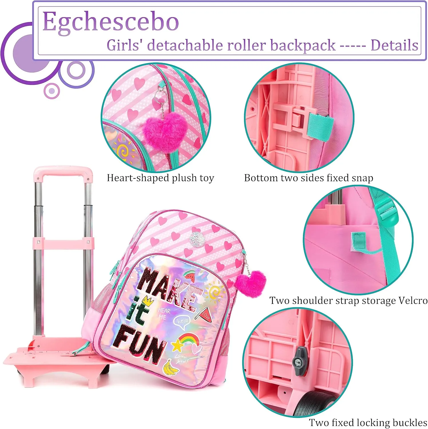Egchescebo Kids Rolling Backpack for Girls Suitcases Trolley Backpacks with Wheels Roller Luggage Backpack on Wheels with Lunch Box Pencil Case for Elementary Girls Travel School Bag Aged 6-15 Red