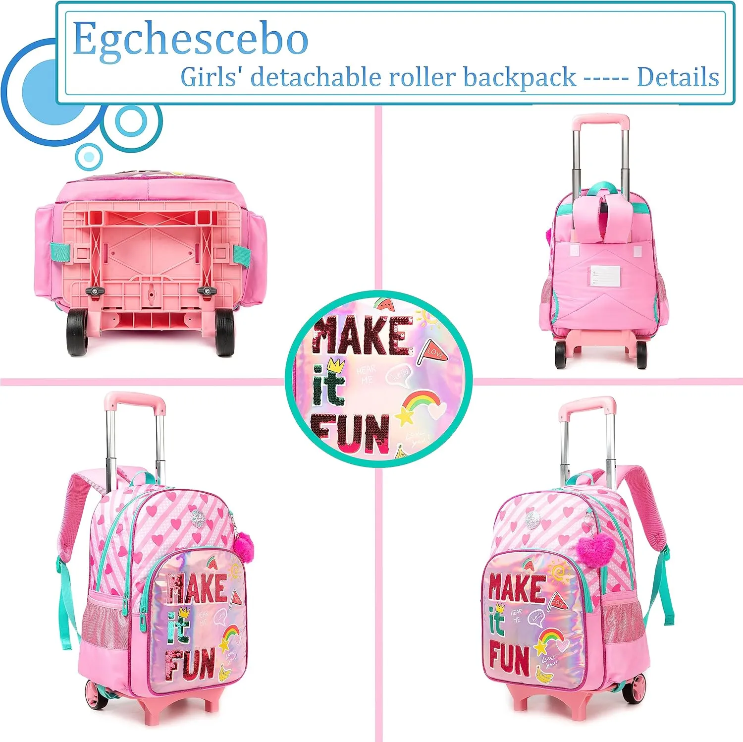 Egchescebo Kids Rolling Backpack for Girls Suitcases Trolley Backpacks with Wheels Roller Luggage Backpack on Wheels with Lunch Box Pencil Case for Elementary Girls Travel School Bag Aged 6-15 Red