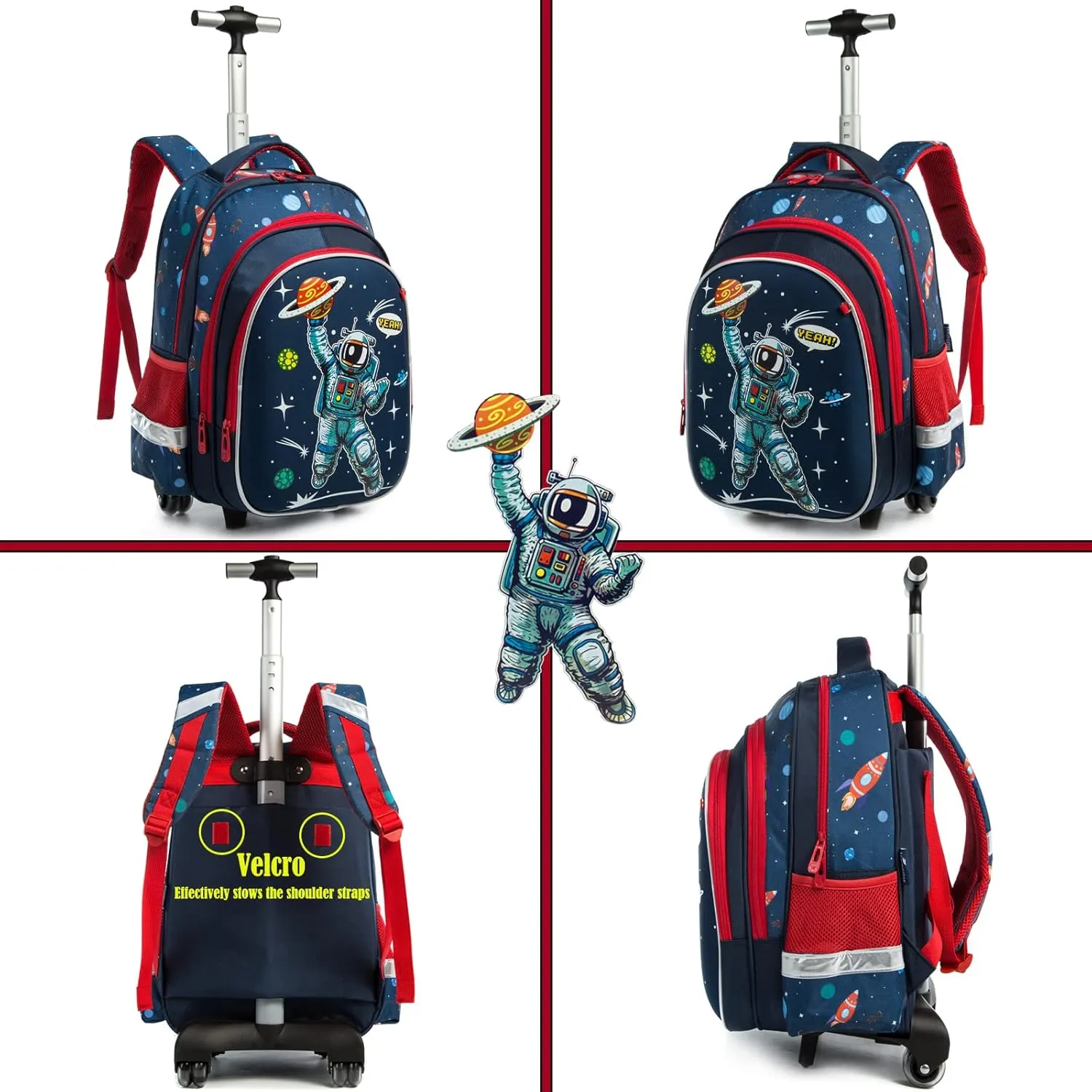 Egchescebo School Bags Kids Rolling Astronaut Backpack for Boys Kids Luggage Kids Suitcase With Wheels Trolley Wheeled Backpacks for Travel Bags 3PCS Cat Backpack With Lunch Box Blue