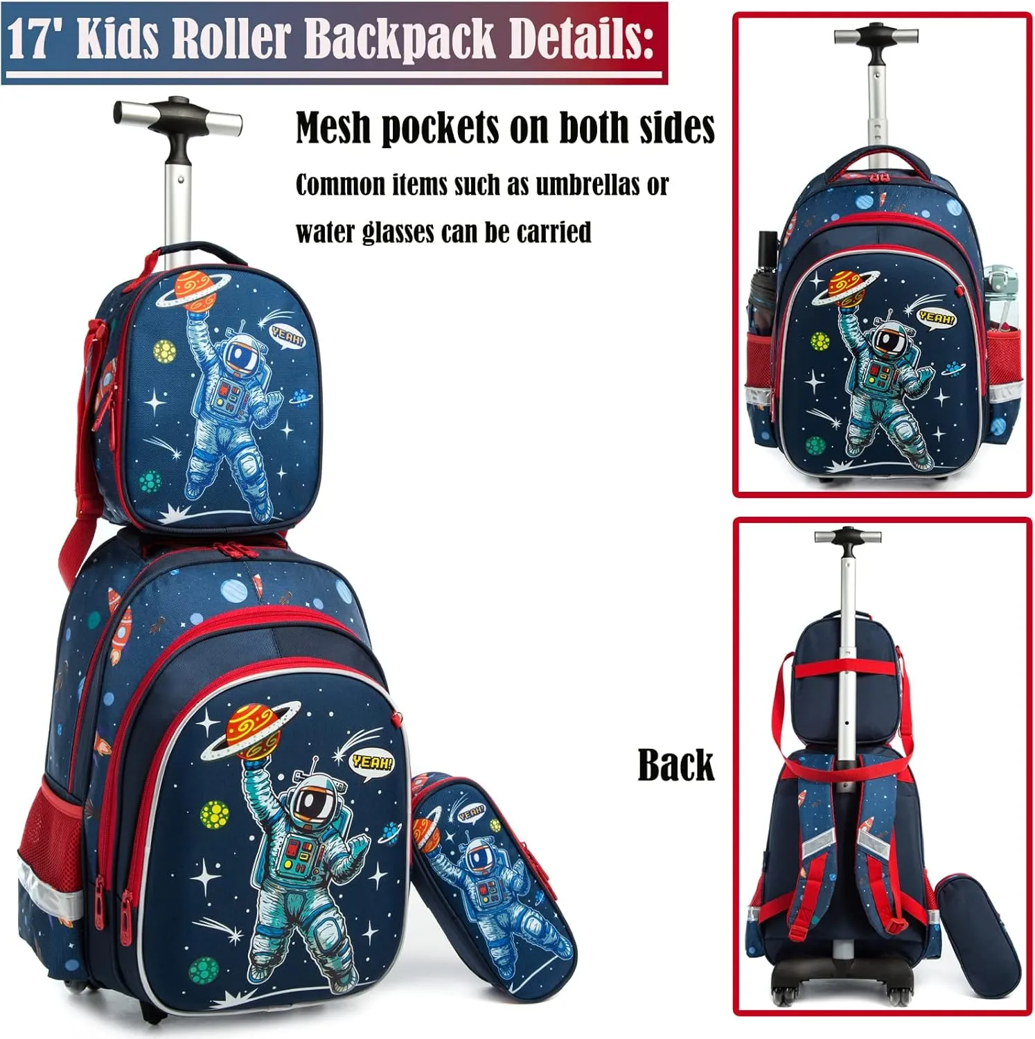 Egchescebo School Bags Kids Rolling Astronaut Backpack for Boys Kids Luggage Kids Suitcase With Wheels Trolley Wheeled Backpacks for Travel Bags 3PCS Cat Backpack With Lunch Box Blue