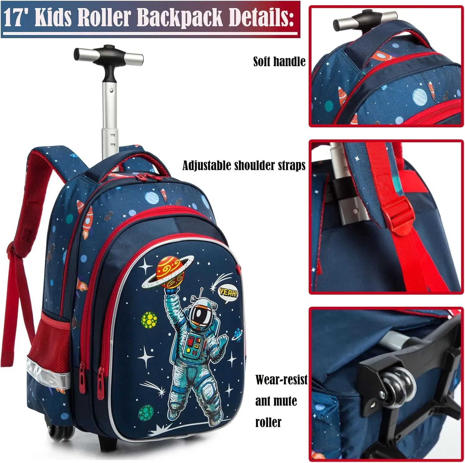 Egchescebo School Bags Kids Rolling Astronaut Backpack for Boys Kids Luggage Kids Suitcase With Wheels Trolley Wheeled Backpacks for Travel Bags 3PCS Cat Backpack With Lunch Box Blue