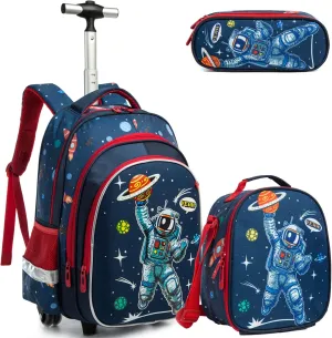 Egchescebo School Bags Kids Rolling Astronaut Backpack for Boys Kids Luggage Kids Suitcase With Wheels Trolley Wheeled Backpacks for Travel Bags 3PCS Cat Backpack With Lunch Box Blue