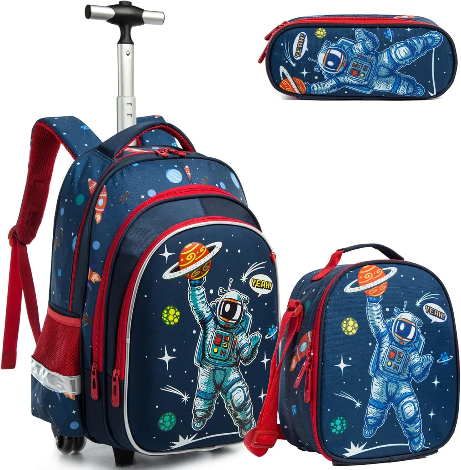 Egchescebo School Bags Kids Rolling Astronaut Backpack for Boys Kids Luggage Kids Suitcase With Wheels Trolley Wheeled Backpacks for Travel Bags 3PCS Cat Backpack With Lunch Box Blue