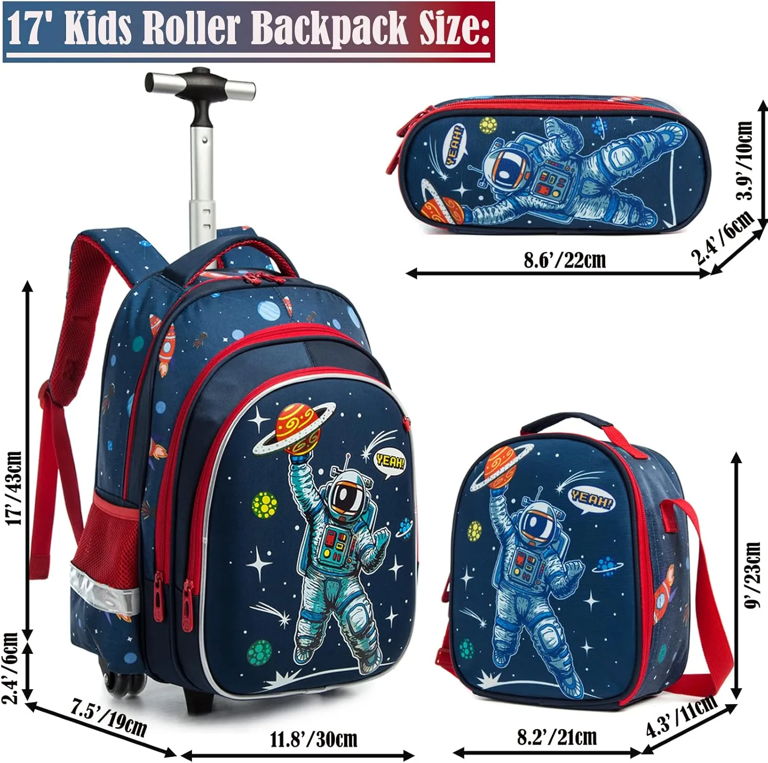 Egchescebo School Bags Kids Rolling Astronaut Backpack for Boys Kids Luggage Kids Suitcase With Wheels Trolley Wheeled Backpacks for Travel Bags 3PCS Cat Backpack With Lunch Box Blue