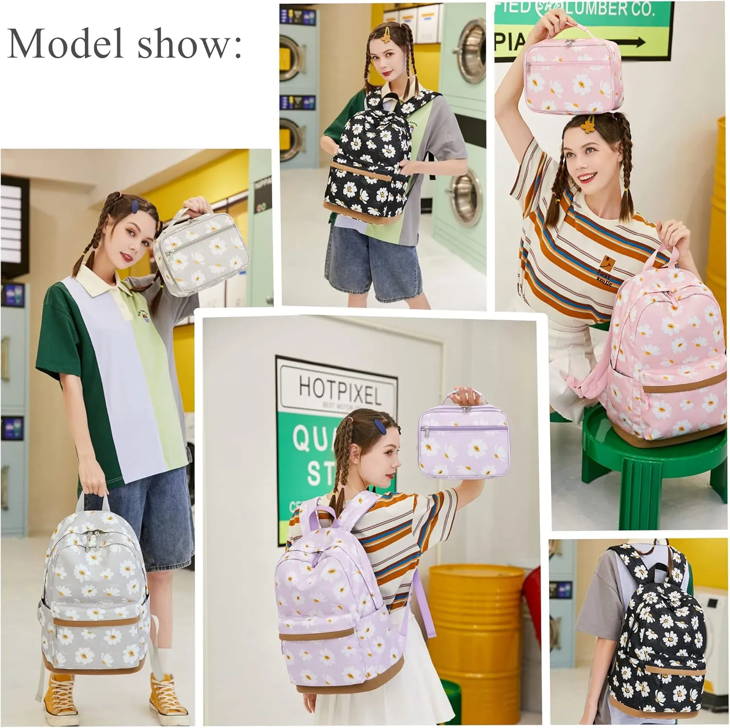 EKUIZAI 2Pcs Daisy Prints Backpack Sets for Girl Bookbag Primary Schoolbag Elementary Students Daypack with Lunch Bag