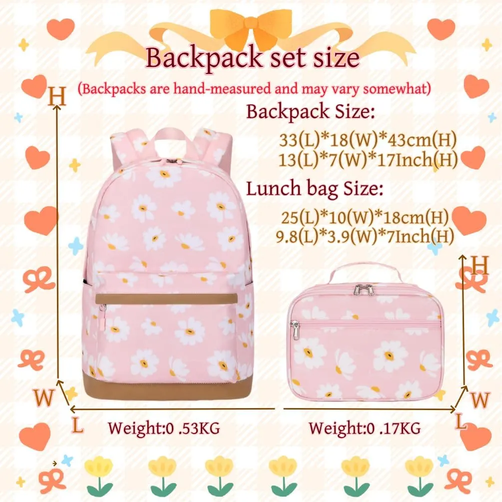 EKUIZAI 2Pcs Daisy Prints Backpack Sets for Girl Bookbag Primary Schoolbag Elementary Students Daypack with Lunch Bag