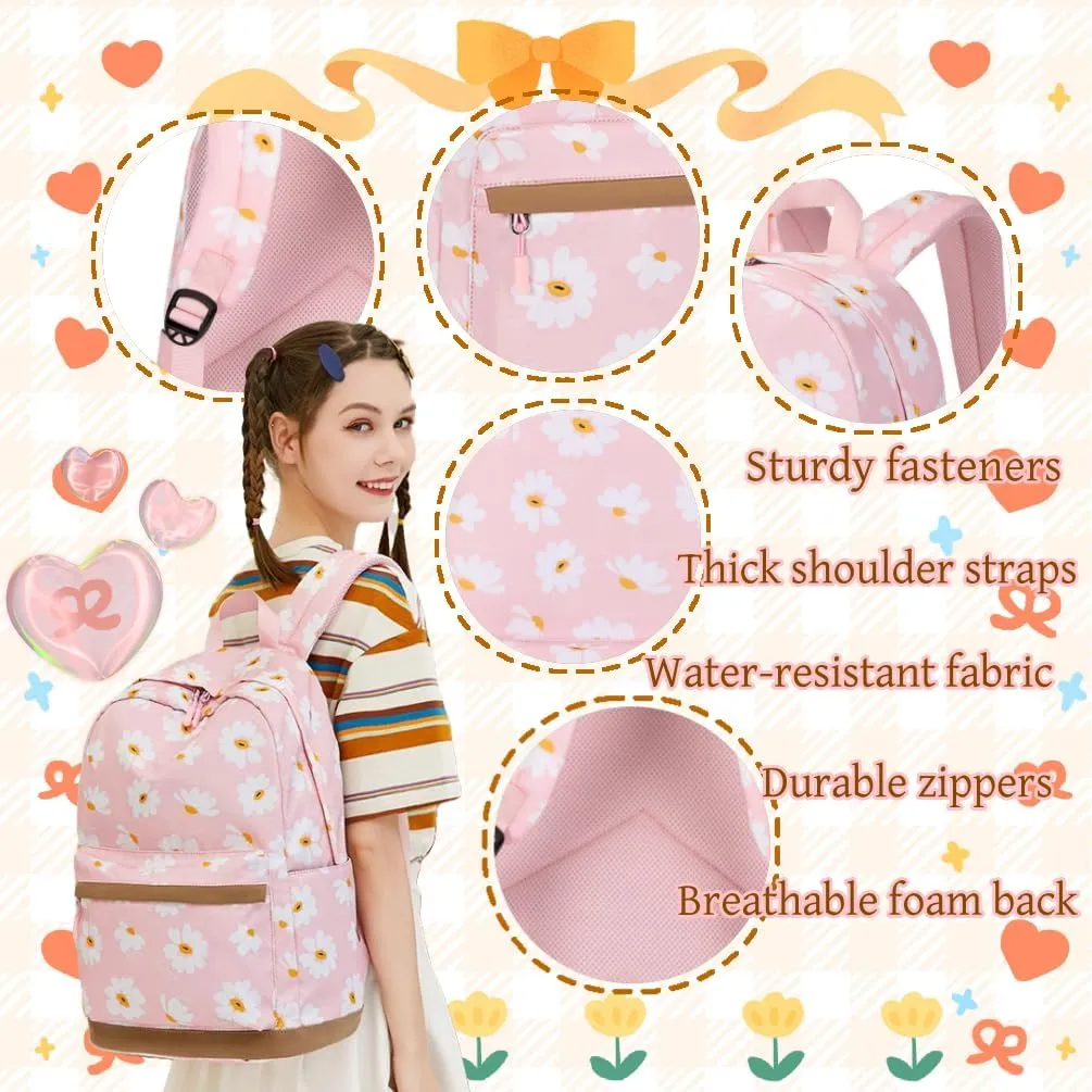 EKUIZAI 2Pcs Daisy Prints Backpack Sets for Girl Bookbag Primary Schoolbag Elementary Students Daypack with Lunch Bag