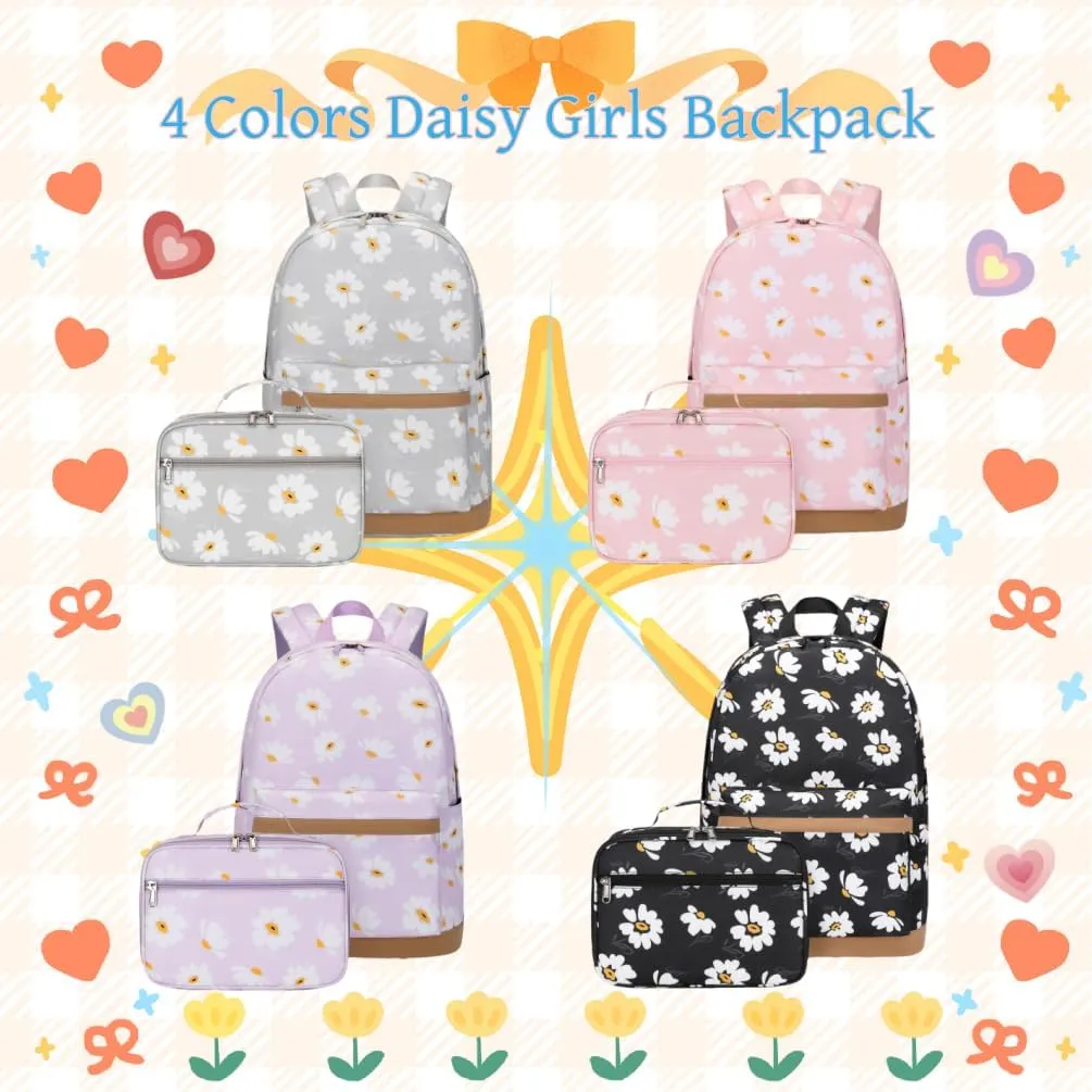 EKUIZAI 2Pcs Daisy Prints Backpack Sets for Girl Bookbag Primary Schoolbag Elementary Students Daypack with Lunch Bag