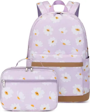 EKUIZAI 2Pcs Daisy Prints Backpack Sets for Girl Bookbag Primary Schoolbag Elementary Students Daypack with Lunch Bag