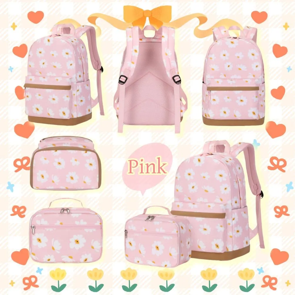 EKUIZAI 2Pcs Daisy Prints Backpack Sets for Girl Bookbag Primary Schoolbag Elementary Students Daypack with Lunch Bag