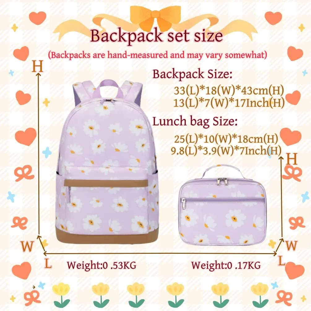 EKUIZAI 2Pcs Daisy Prints Backpack Sets for Girl Bookbag Primary Schoolbag Elementary Students Daypack with Lunch Bag