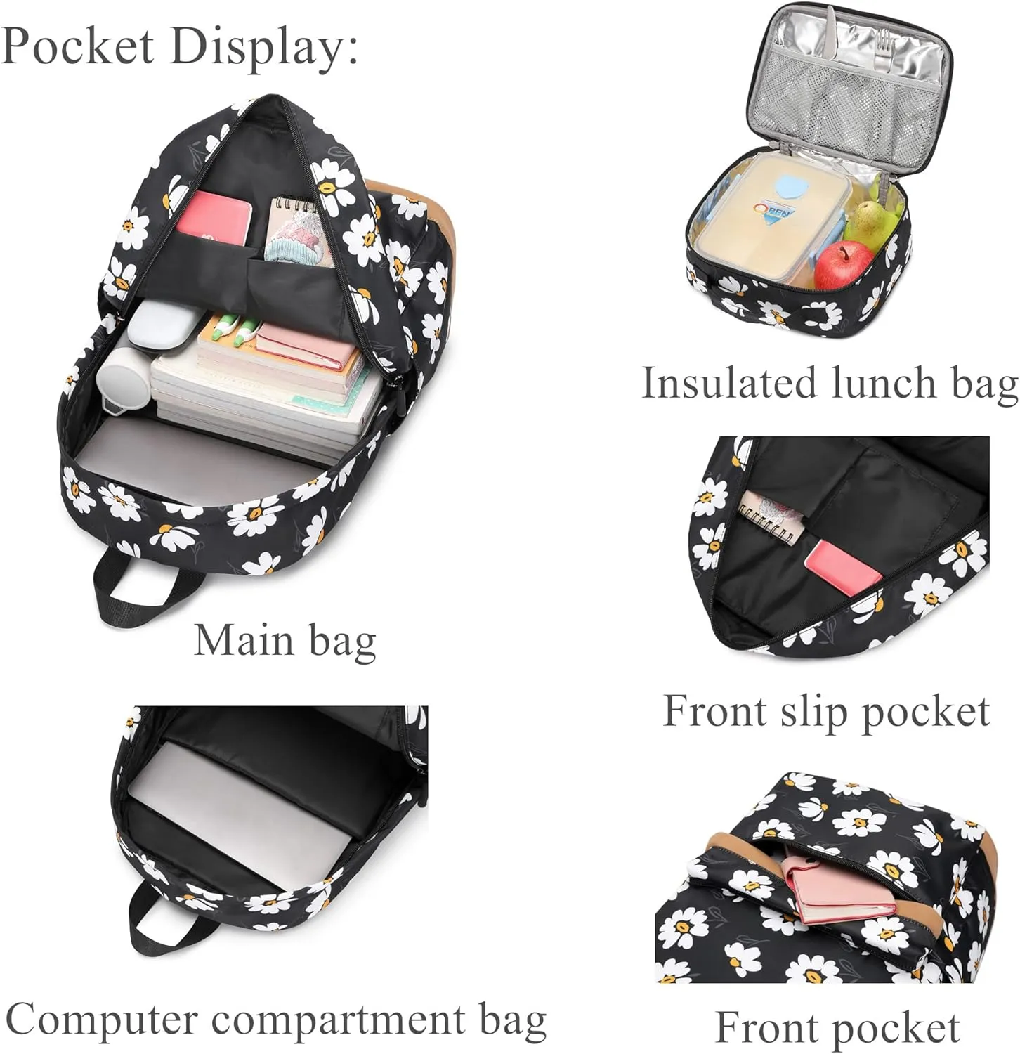 EKUIZAI 2Pcs Daisy Prints Backpack Sets for Girl Bookbag Primary Schoolbag Elementary Students Daypack with Lunch Bag
