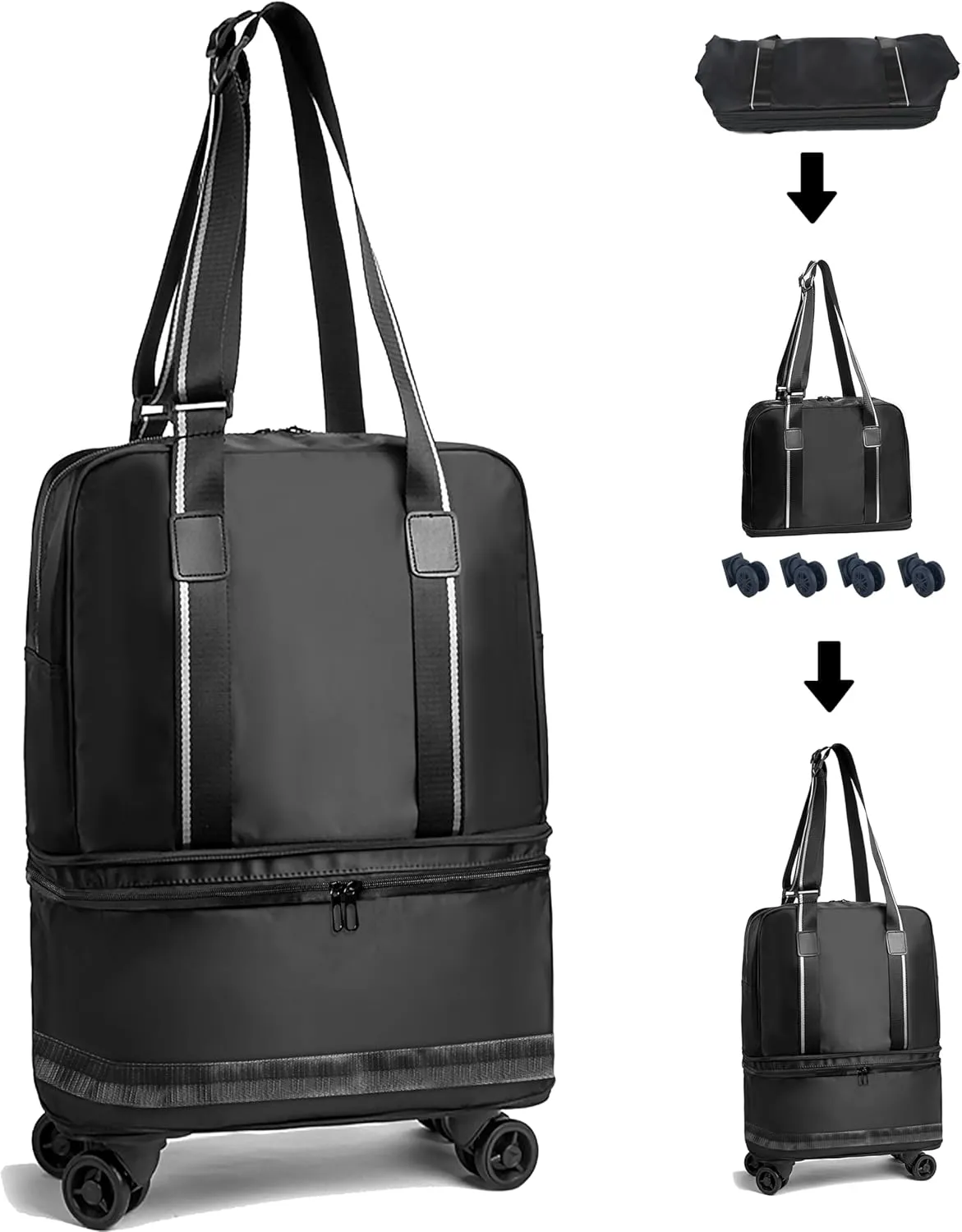 ELDA Travel Duffel Bag with Detachable Wheel Rolling Small Expandable Foldable Luggage with Shoes Compartment for Men Women Weekend