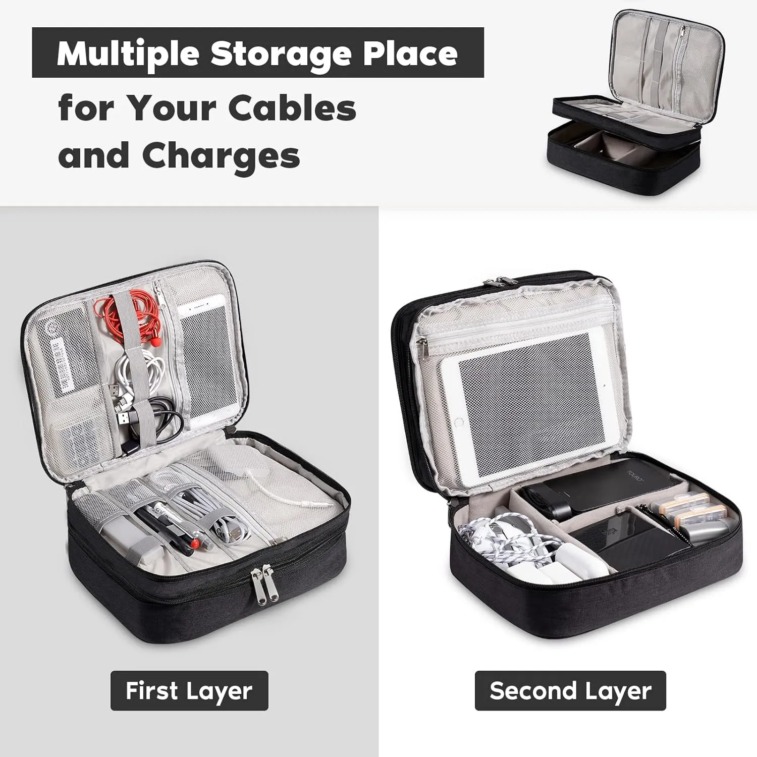 Electronics Organizer, OrgaWise Electronic Accessories Bag Travel Cable Organizer Three-Layer for iPad Mini, Kindle, Hard Drives, Cables, Chargers