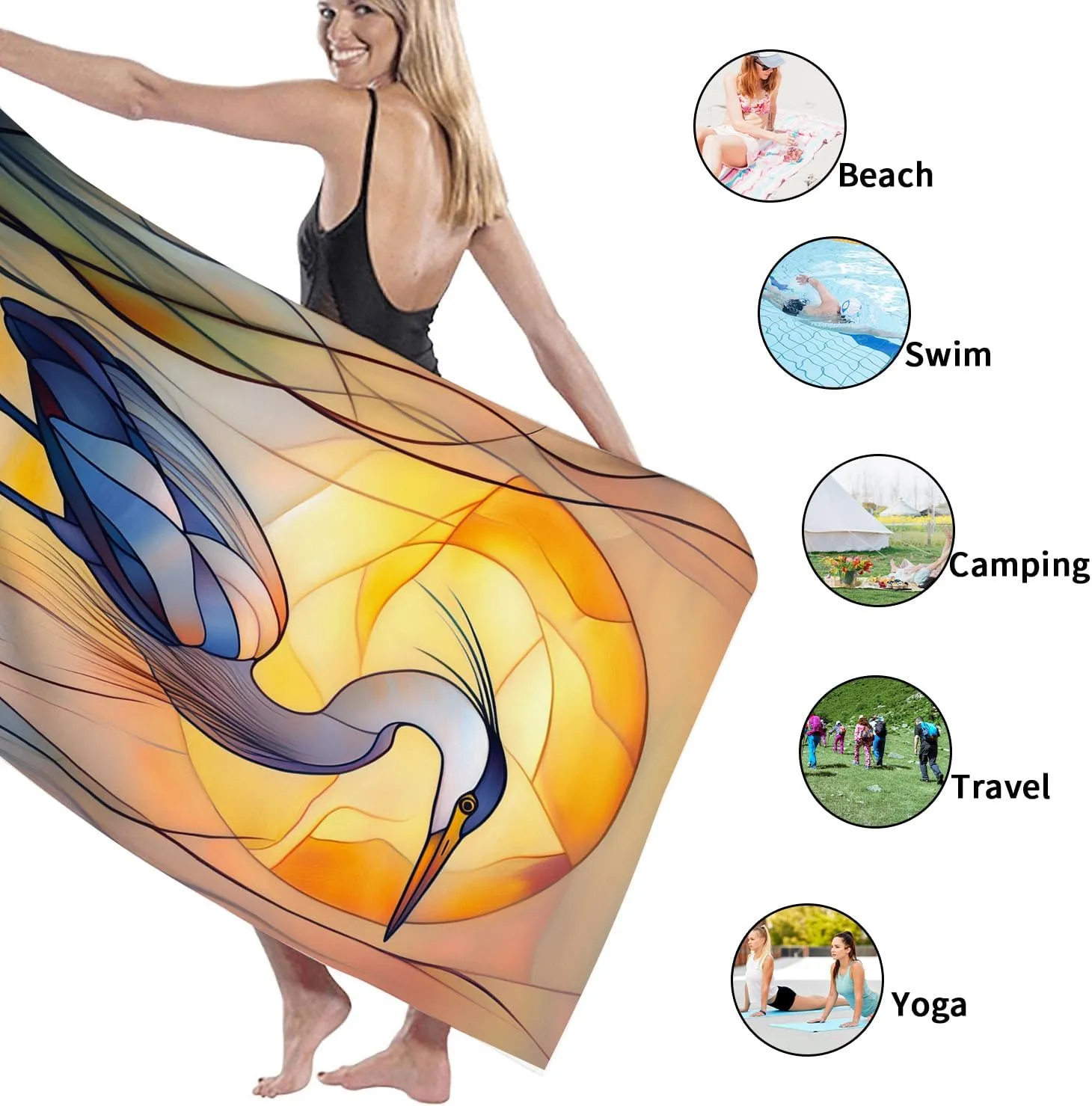 Elegant Heron Beach Towel Blue Crane Design Quick Dry Soft Absorbent Sand Free Lightweight Bath Blanket, Pool Picnic Essentials, Outdoor Travel Camping 62x31 Inch
