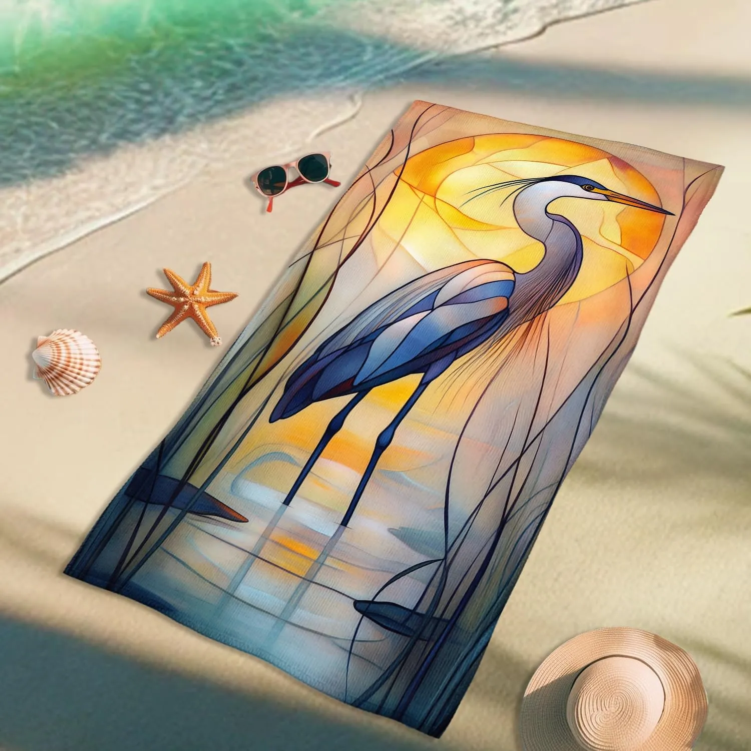 Elegant Heron Beach Towel Blue Crane Design Quick Dry Soft Absorbent Sand Free Lightweight Bath Blanket, Pool Picnic Essentials, Outdoor Travel Camping 62x31 Inch